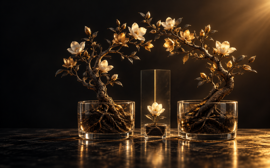 Two large entangled golden trees in glass pots flanking a single small isolated flower in its own glass column, representing the difference between co-parenting's shared roots and parallel parenting's separate space