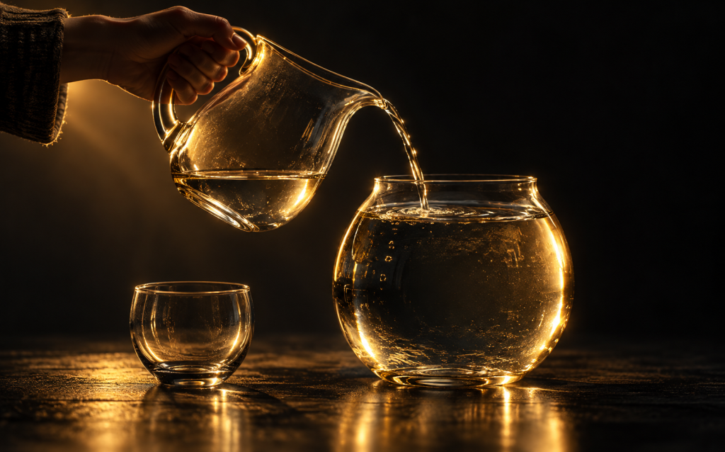 A hand pours water from a glass pitcher into an already-full glass bowl while a small empty cup sits untouched nearby, representing how codependency means constantly giving to someone else while your own needs stay empty
