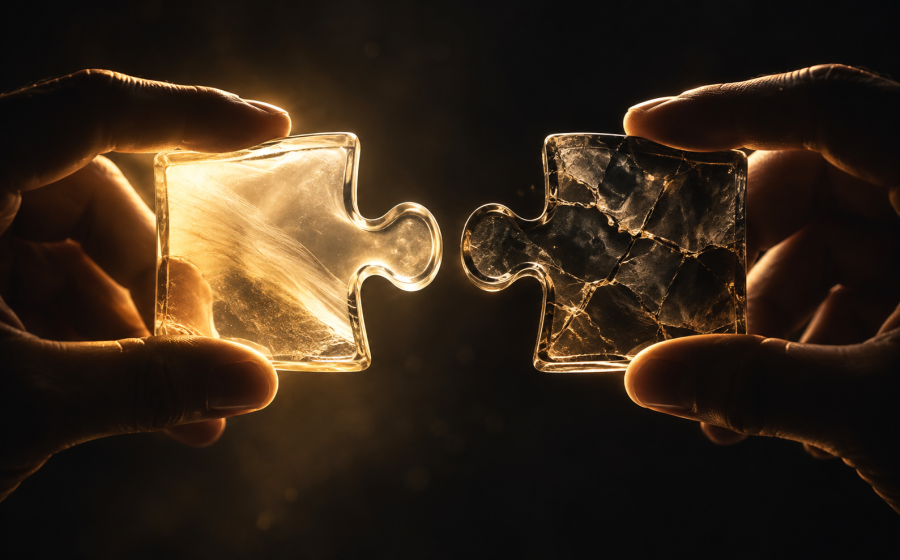 Two hands holding two mismatched glass puzzle pieces close together, one glowing warm and smooth, the other dark and fractured, representing the two conflicting realities held at once in cognitive dissonance