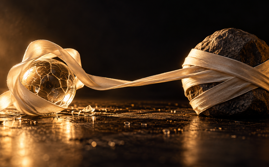 An ivory ribbon connects a cracked glass sphere to a dark stone wrapped tightly in the same fabric.