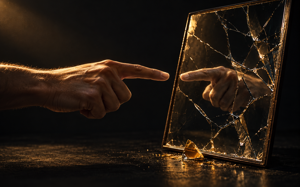 A hand pointing accusingly at a cracked mirror, with the reflection pointing back in the same gesture, representing DARVO: deny, attack, and reverse victim and offender
