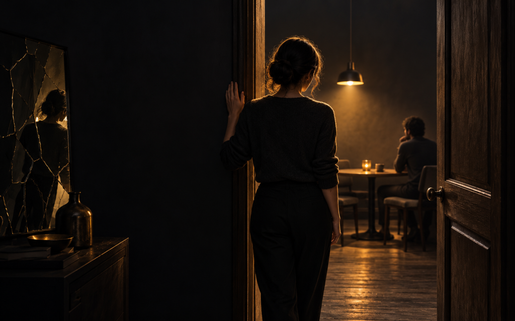 A woman pausing in a doorway with her hand on the frame, looking toward a dimly lit table where a man waits, representing hesitation about dating again after narcissistic abuse