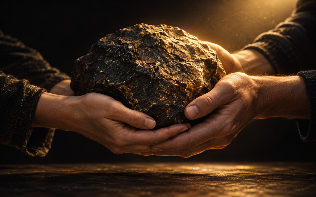 Hands from two people share the weight of a large dark stone in warm golden light.