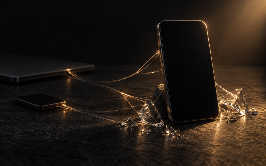 A smartphone and laptop connected by glowing threads next to shattered glass on a dark surface, symbolizing cutting hidden digital tracking connections after abuse