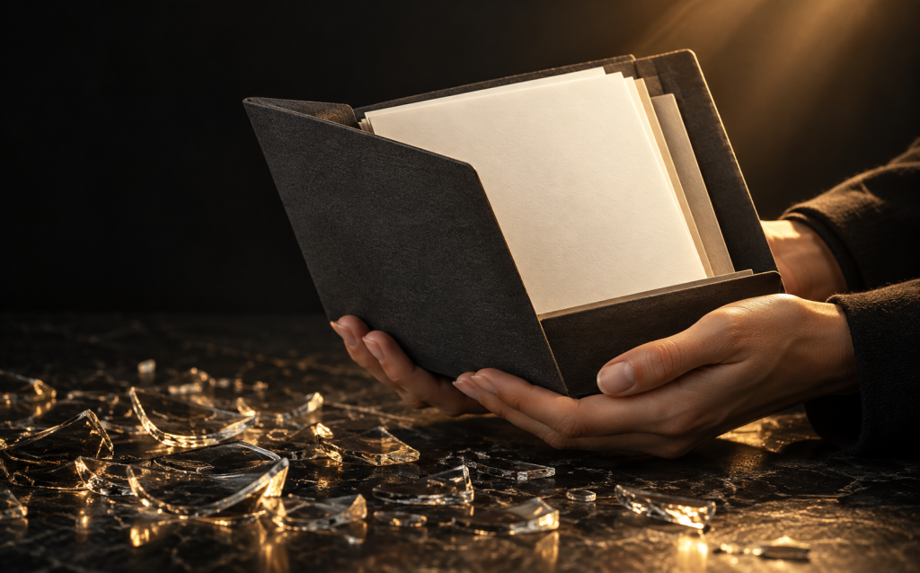 Hands holding open a dark folder of blank pages beside shattered glass on a table, representing safely documenting abuse before speaking with an advocate or lawyer