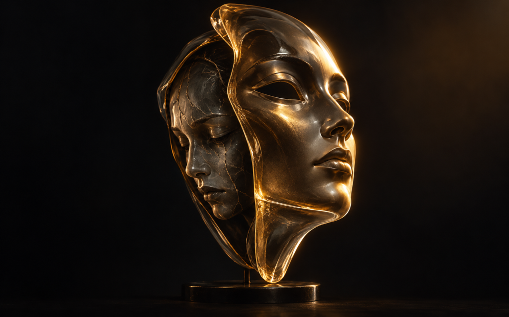 A sculpted face where a polished, glowing golden mask peels away to reveal a cracked, weathered face underneath, representing the false self concealing the true self in narcissistic personality patterns