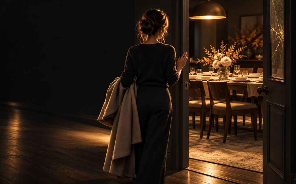A woman with a coat over her arm pausing at a doorway, looking into a warmly lit dining room set for a family gathering, with a cracked glass pane beside her