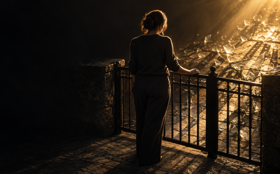 A woman standing alone at a railing looking out over sunlit broken glass, representing the guilt that can follow after setting a boundary with a narcissist