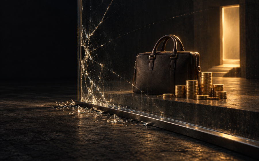 A briefcase and stacks of gold coins seen through a shattered glass wall with a lit doorway beyond, symbolizing financial abuse and the barrier to independence