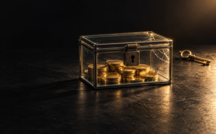 A locked glass box filled with gold coins beside its key on a dark surface, representing the difference between a financial boundary and financial control in a relationship