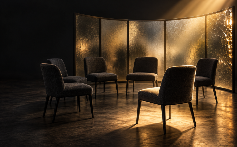 A circle of empty chairs facing each other in front of glowing frosted glass panels, representing a support group space for survivors of abuse