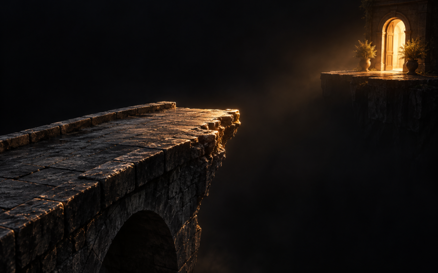 A stone bridge that ends abruptly over a dark gap, with a warmly lit doorway visible on a separate, unreachable ledge, representing future faking and promises that keep you waiting without progress