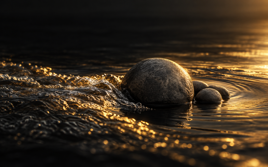 Smooth gray stones stacked in calm, sheltered amber-lit water, representing the steady, unemotional gray rock method for co-parenting with a narcissist