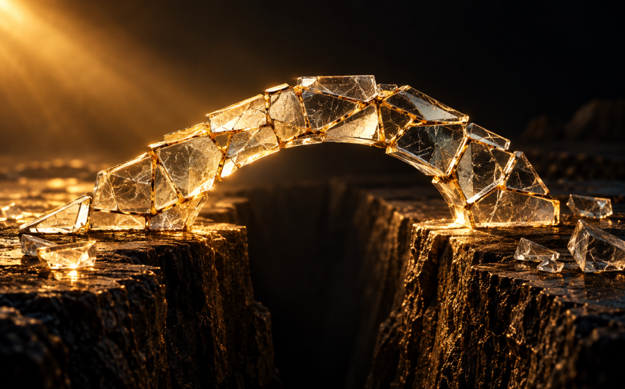 A small arched bridge made of irregular glass pieces with gold seams spans a dark gap.