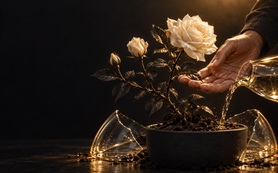A hand gently cupping a blooming white rose while it is watered, beside broken glass dome pieces on a dark surface, symbolizing healthy growth and respect in a relationship