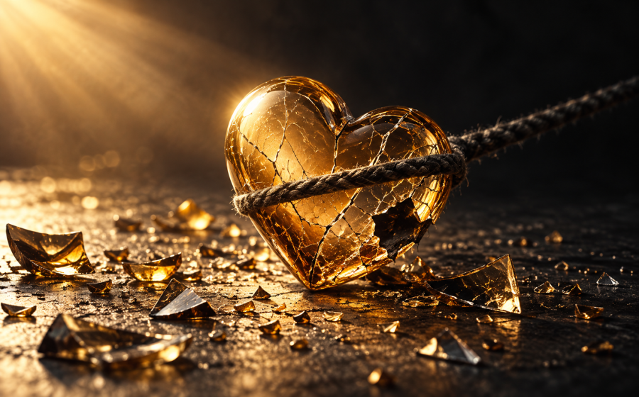 A cracked glass heart bound and pulled taut by a thick rope, representing hoovering after a breakup and assessing attempts to reestablish contact
