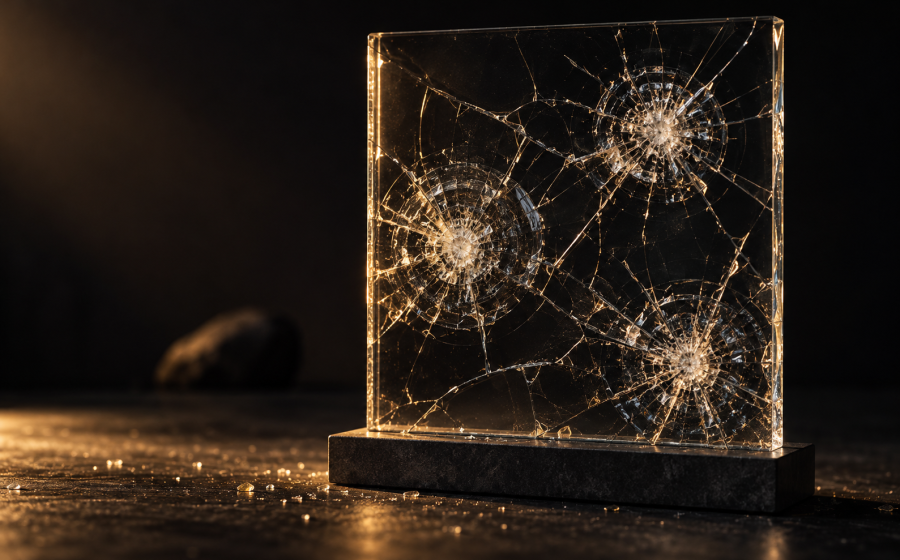 A square pane of glass with several separate impact points radiating cracks across its surface, representing why the impact of abuse matters even when intent is unclear