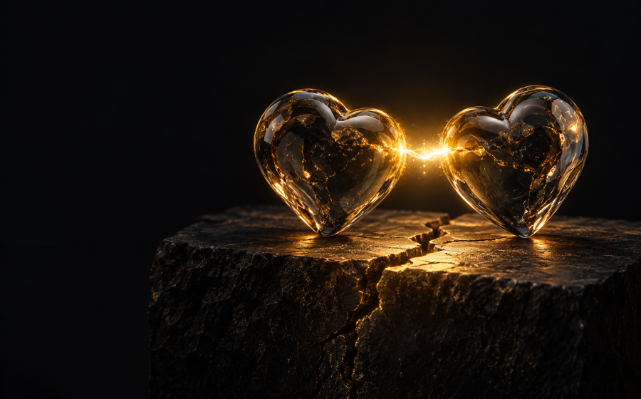Two cracked glass hearts on a split stone pedestal connected by a single spark of light between them, representing why intense chemistry is not enough to establish relationship safety