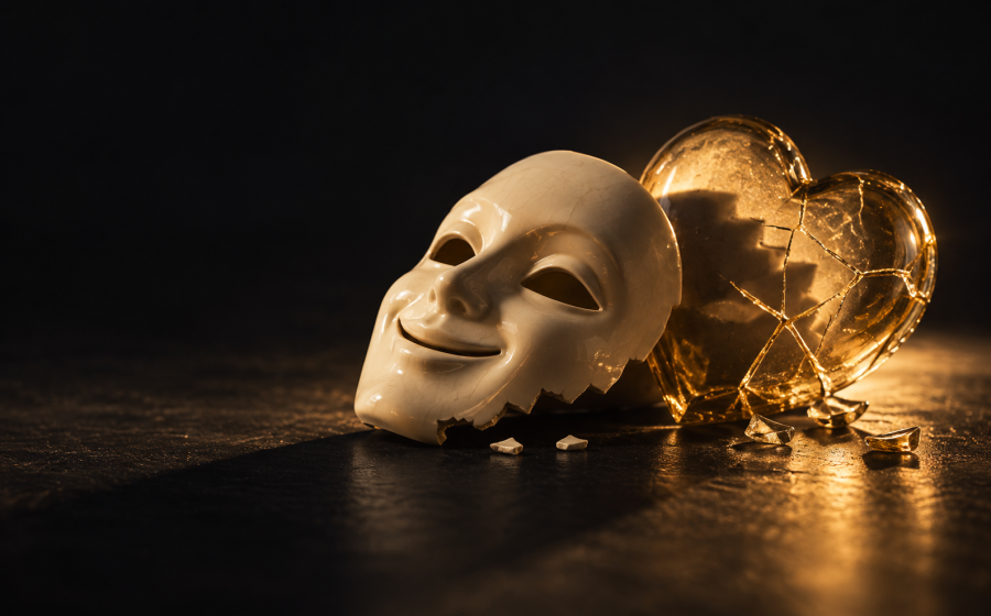 A cracked smiling mask resting beside a shattered golden glass heart, representing when 'it was just a joke' becomes humor that repeatedly humiliates