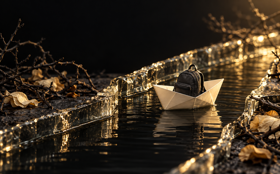 A paper boat carrying a child's backpack sailing down a calm lit channel between glowing walls and bare branches, symbolizing keeping co-parenting messages focused on logistics