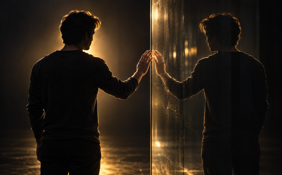 A man reaching out to touch a tall glowing glass panel, his reflection reaching back in the exact same pose, representing the instant, too-perfect mirroring that can appear early in a relationship