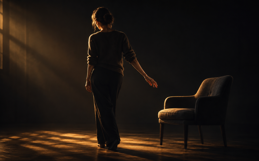 A woman walking away from an empty chair in a dim room while reaching back toward it, representing missing someone who hurt you and making sense of conflicting feelings