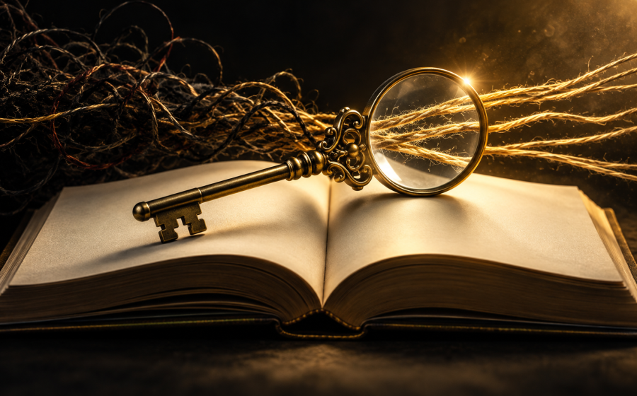 A brass key with a magnifying lens rests on a blank book beside tangled and separated threads.