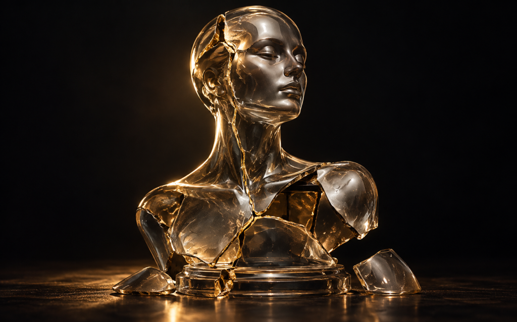 A glass bust of a face and shoulders, cracked through with gold-filled fractures and broken pieces fallen away at its base, representing narcissistic injury as the first crack and narcissistic collapse as the pieces that actually break off