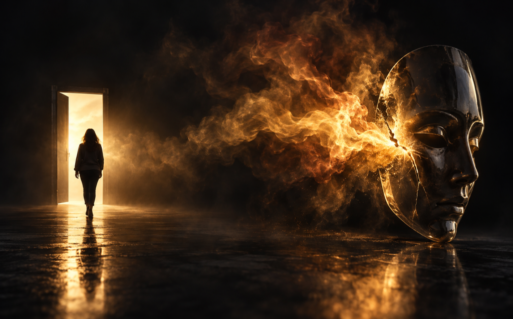 A woman walking calmly toward an open lit doorway while a large cracked mask erupts in fire and smoke behind her, representing staying safe by walking away from narcissistic rage