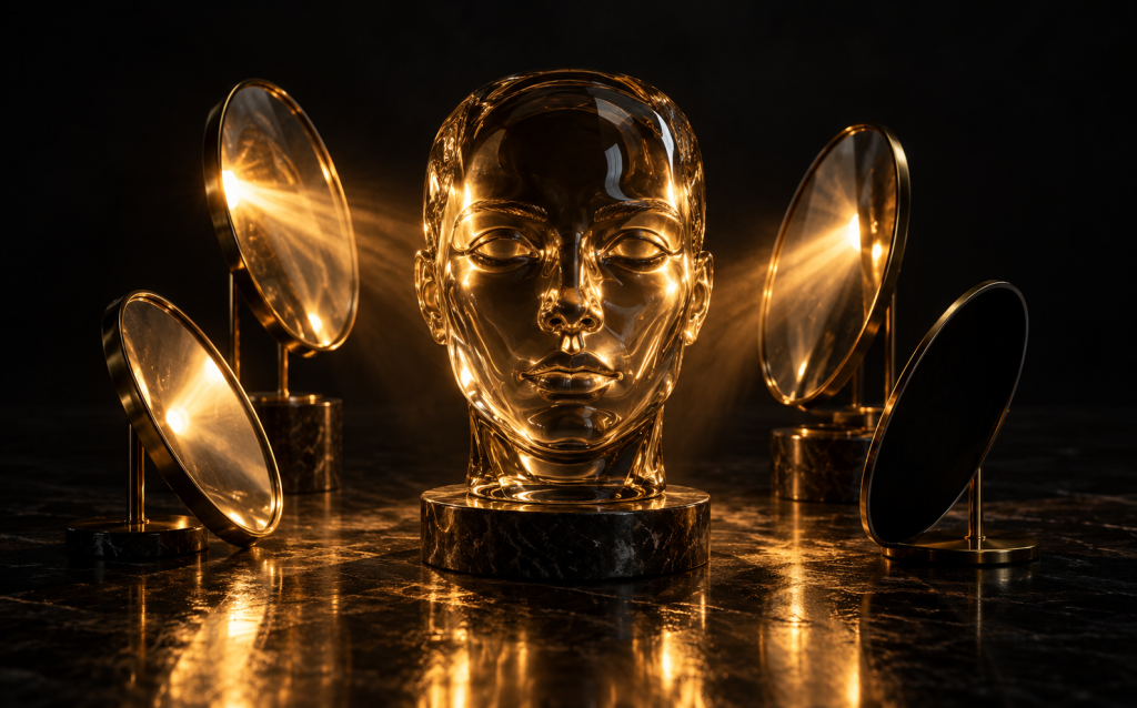 A glass head at the center of several angled mirrors, each one reflecting a beam of light directly onto its face, representing narcissistic supply as a constant stream of attention and admiration drawn in from multiple sources