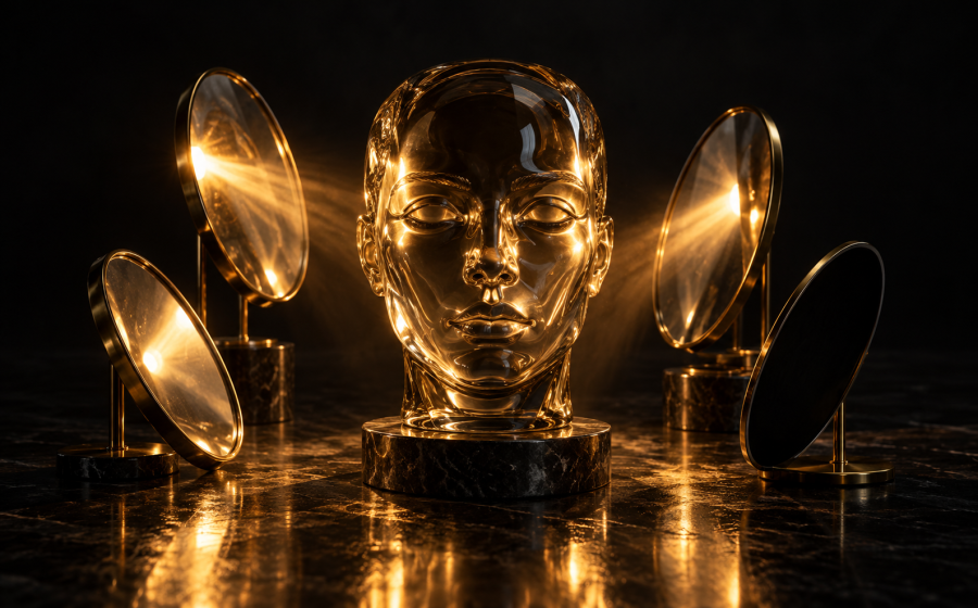 A glass head at the center of several angled mirrors, each one reflecting a beam of light directly onto its face, representing narcissistic supply as a constant stream of attention and admiration drawn in from multiple sources
