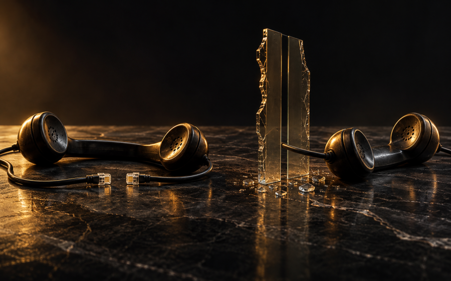 Two vintage phone handsets fully disconnected on one side, and two more separated by a cracked glass divider on the other, representing no contact versus low contact with an abuser