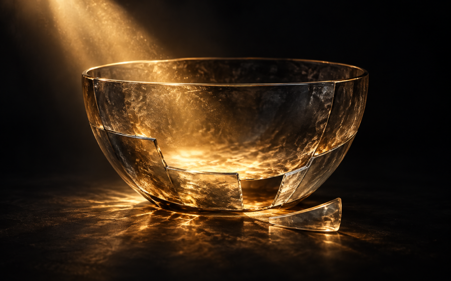 A glass bowl with a broken-out gap in its rim, light pouring in from above and spilling straight back out through the gap, with a broken piece lying on the ground beside it, representing reassurance that never stays held because the capacity to hold it is missing