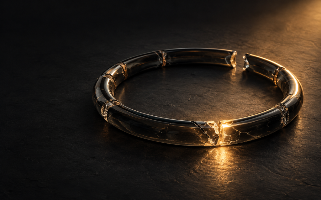 A glass bracelet with multiple fused, glowing break points still holding its circular shape, representing on-again, off-again relationships and tracking the pattern beyond the reunion