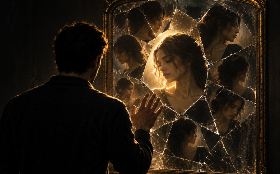 A man reaches toward a shattered gold-framed mirror, touching a warmly lit woman's face among fractured reflections of the same woman looking away, symbolizing narcissistic abuse and healing