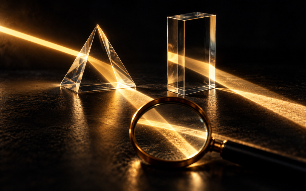 A single beam of light passing through two different glass prisms, viewed through a magnifying glass