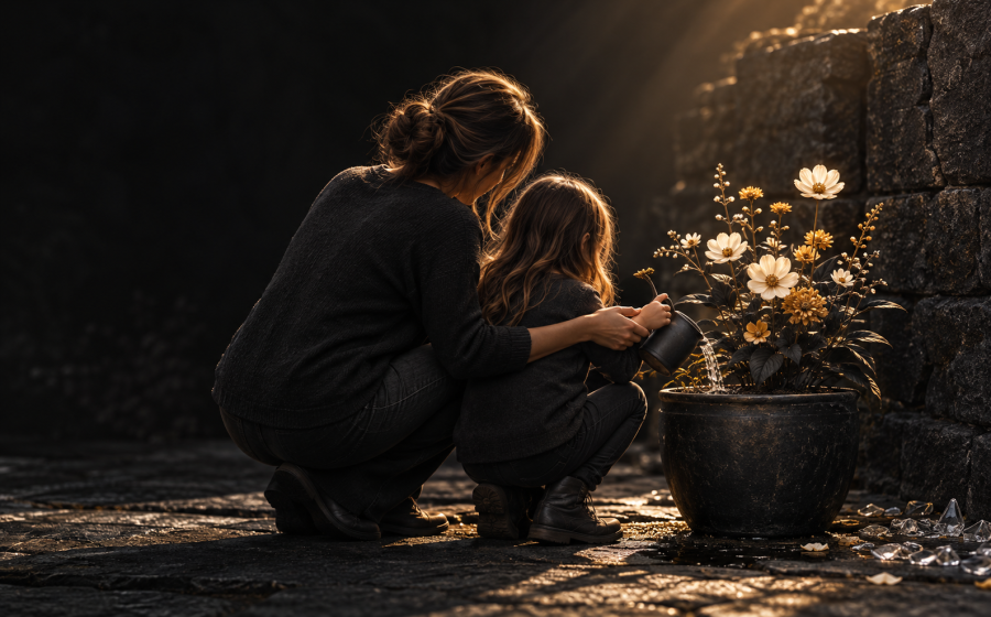 A parent and child crouching together to water a potted flower in warm light, representing nurturing, steady parenting after an abusive relationship