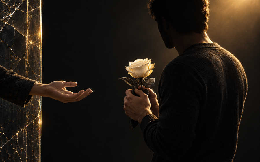 One hand automatically offering a white rose toward another person's open, waiting hand beside a cracked glass wall, symbolizing automatic people-pleasing after abuse