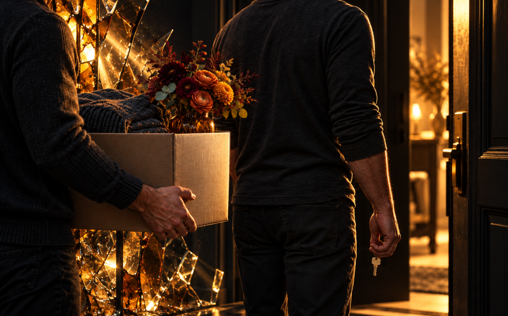 Two people seen from behind, one carrying a box of belongings and flowers while the other holds a set of keys, walking together toward a warmly lit open doorway, representing practical, non-controlling support for an abuse survivor