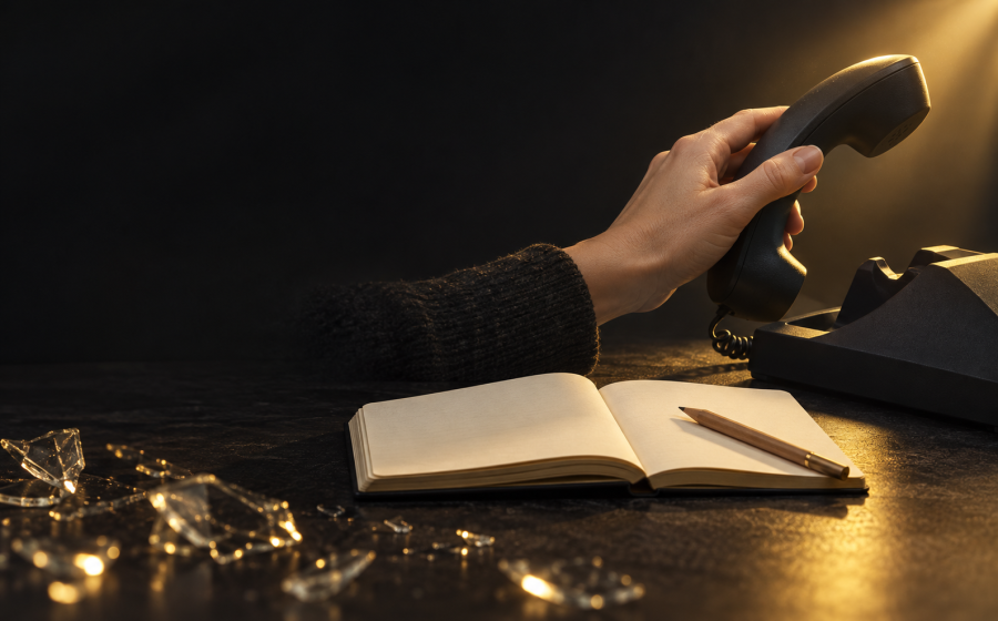 A hand picking up an old telephone receiver beside an open blank journal and pencil, with broken glass nearby, representing preparing to call a domestic violence advocate