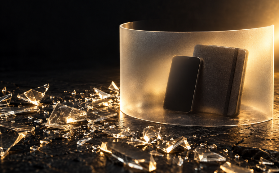 A phone and a locked personal journal sheltered inside a glowing translucent barrier, surrounded by shattered glass, representing protected privacy boundaries around passwords and personal messages