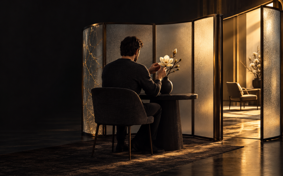 A man arranging flowers alone at a small table behind a glowing glass partition, with another softly lit room and more flowers visible beyond, symbolizing privacy without full isolation during recovery