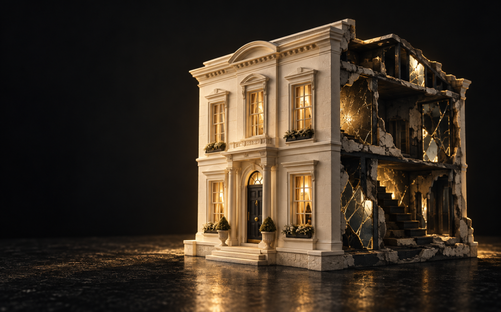 A miniature mansion with a pristine, warmly lit facade on one side and a crumbling, broken interior exposed on the other, representing private cruelty and public charm, when others see a different relationship entirely