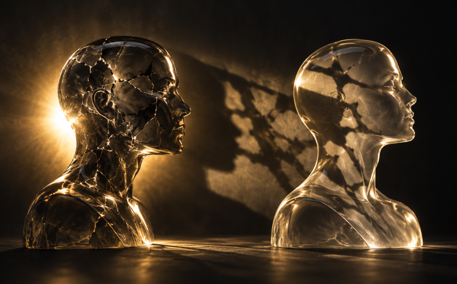 Two glass bust figures facing each other, the left figure visibly cracked and casting a shadow of its own cracks onto the right figure, which is actually smooth and undamaged, representing projection placing one person's flaws onto someone else