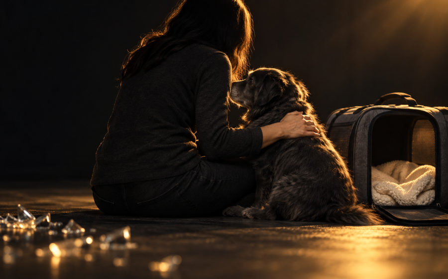 A woman sitting with her hand resting on a dog's back beside an open pet carrier lined with soft bedding, with broken glass nearby, representing protecting pets when planning to leave an abusive relationship