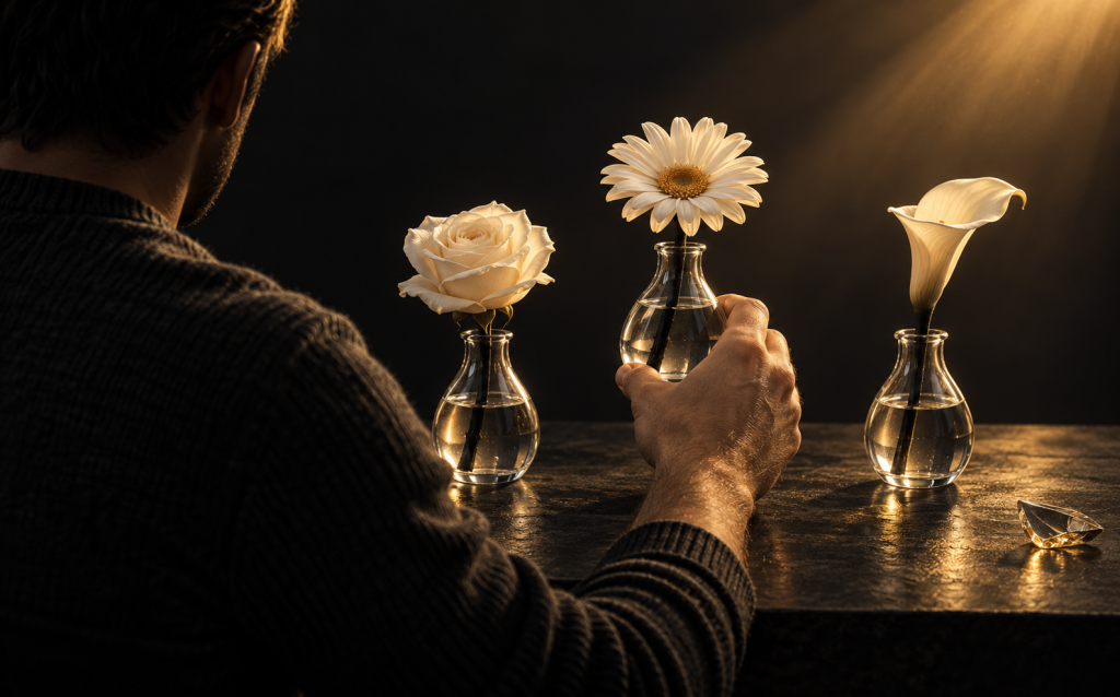 A hand choosing between a rose, a daisy, and a calla lily, each in its own small glass vase, representing rebuilding everyday decision-making after a controlling relationship