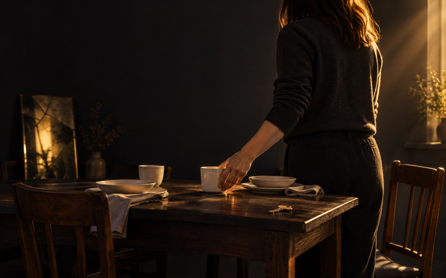 A woman setting a table with a key resting beside the dishes and a cracked, glowing frame in the background, symbolizing rebuilding routines and independence after emotional abuse