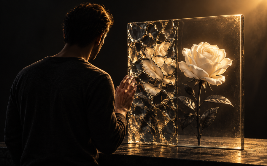A man reaching toward a glass panel showing one rose behind shattered glass and an identical rose behind clear glass, representing the difference between contempt and honest feedback after abuse