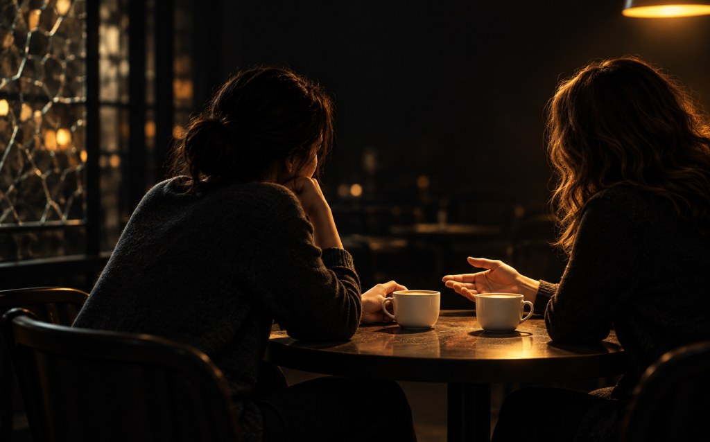 Two women talking warmly over coffee at a café table beside a glowing textured glass wall, representing reconnecting with friends after an isolating relationship