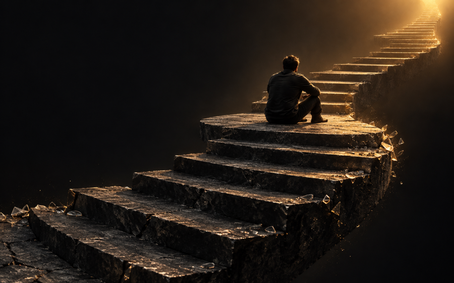 A man sitting partway up a long stone staircase scattered with broken glass, with golden light pouring in from above and the stairs continuing onward, symbolizing a setback that does not erase recovery progress